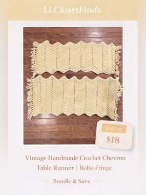 Vintage Handmade Crochet Chevron Table Runner / Scarf Set Boho Fringe
